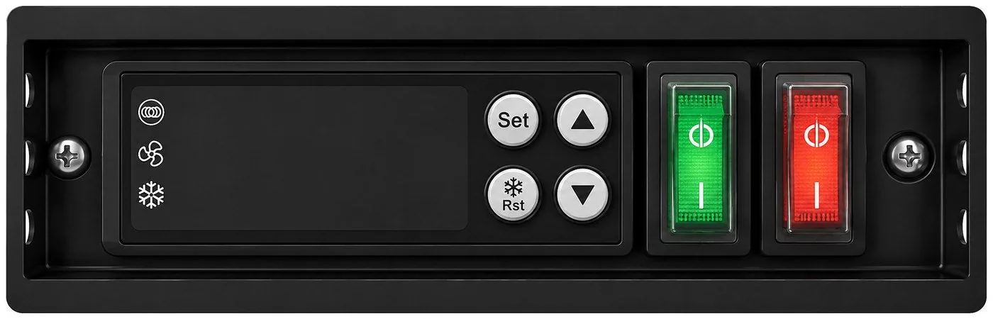 Borrelli bar fridge control panel: recessed bezel with a digital display, compressor, fan and defrost indicator lights, Set, Up arrow, snowflake Rst defrost and Down arrow buttons, plus illuminated red power and green light rocker switches.