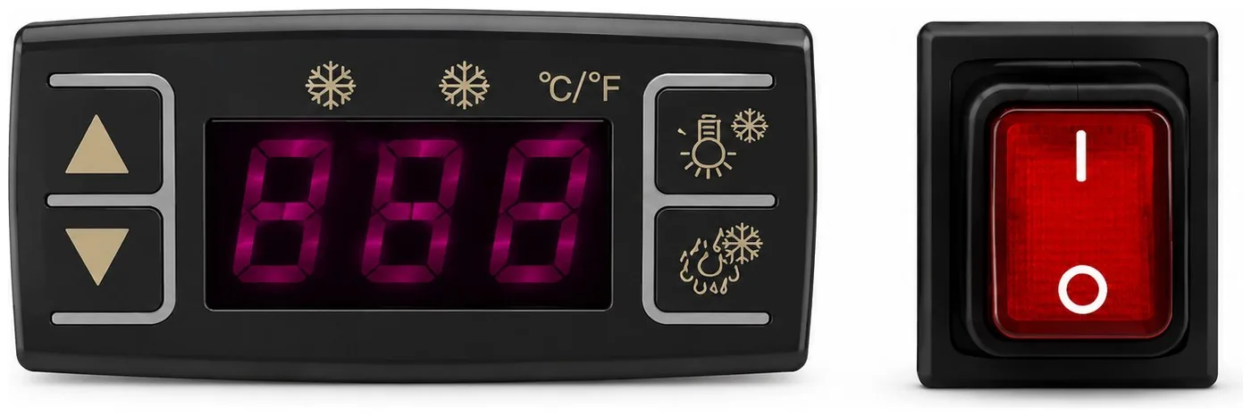 Borrelli cold display control panel: up and down arrows, a seven-segment display with refrigerant and defrost indicator lights, light and set buttons, beside an illuminated red power rocker switch.