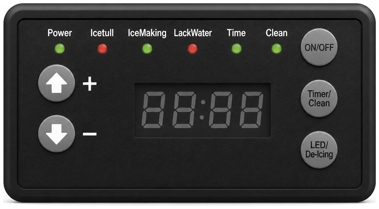 Borrelli ice machine control panel: Power, Ice Full, Ice Making, Lack Water, Time and Clean indicator lights above a timer display, with ON/OFF, Timer/Clean and LED/De-Icing buttons and up and down arrows.