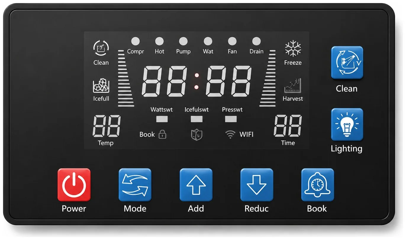 Borrelli high-capacity ice machine control panel: full LCD showing Freeze, Harvest, Ice Full and Clean stages with Compr, Hot, Pump, Wat, Fan and Drain component lights, plus Power, Mode, Add, Reduc and Book buttons and Clean and Lighting buttons.