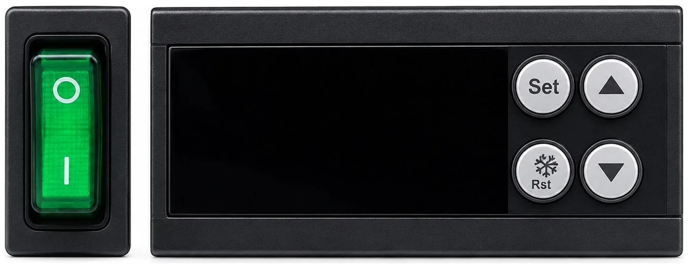 Borrelli upright bar fridge control panel: illuminated green power rocker switch beside a digital controller with Set, Up arrow, snowflake Rst defrost and Down arrow buttons.