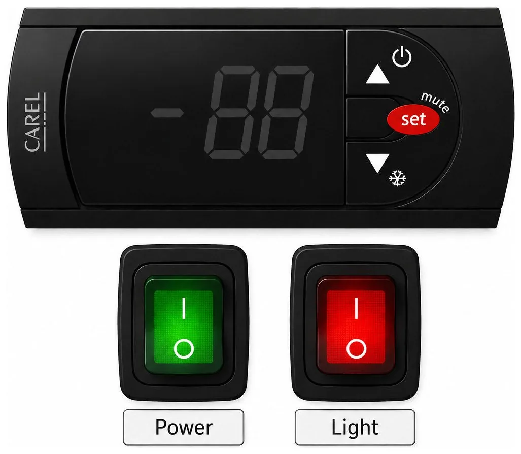 Borrelli upright freezer control panel: CAREL controller with a seven-segment display, up, set, down, mute and defrost buttons, above green Power and red Light rocker switches.